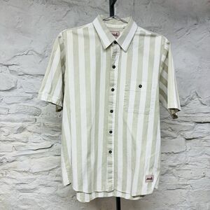 Vintage 70s 80s Male Button Up Shirt Tan Brown White Stripes 100% Cotton Medium